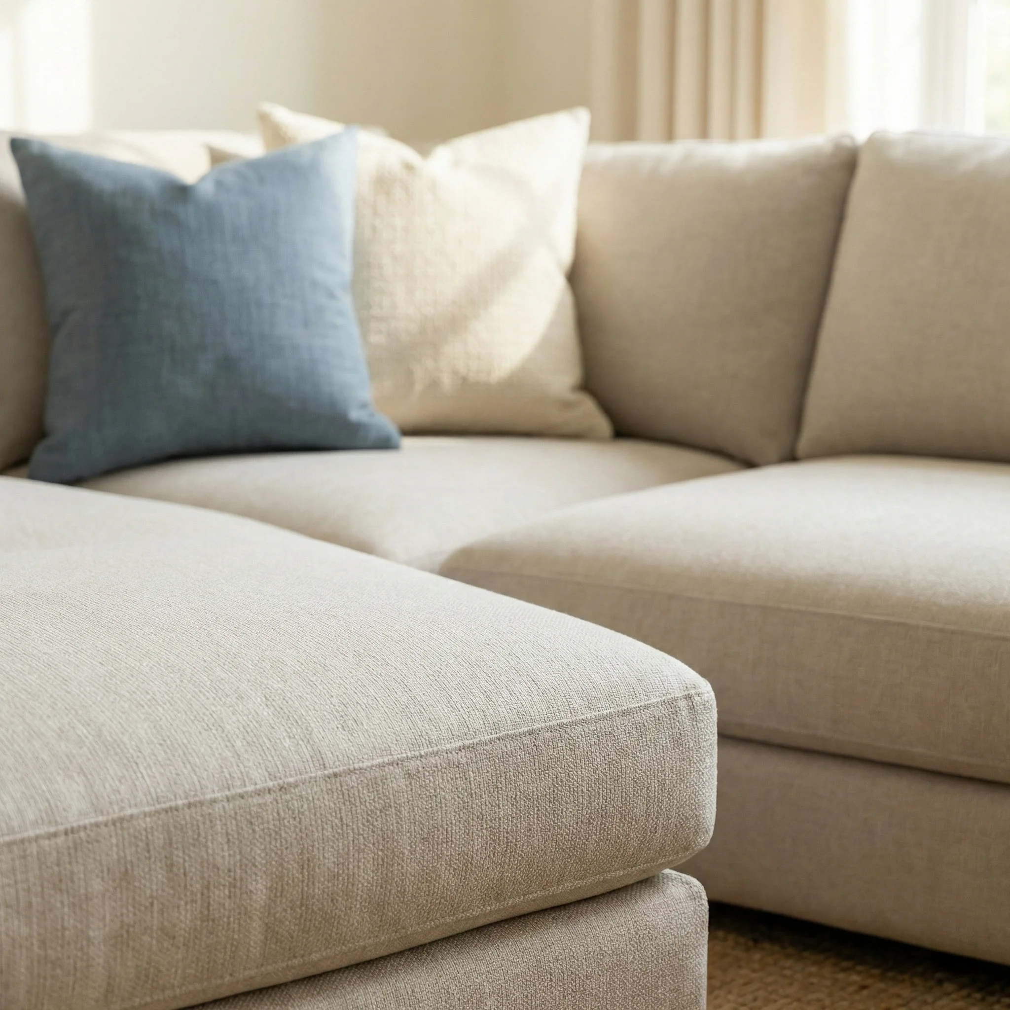 Close-up detail of linen sectional sofa fabric