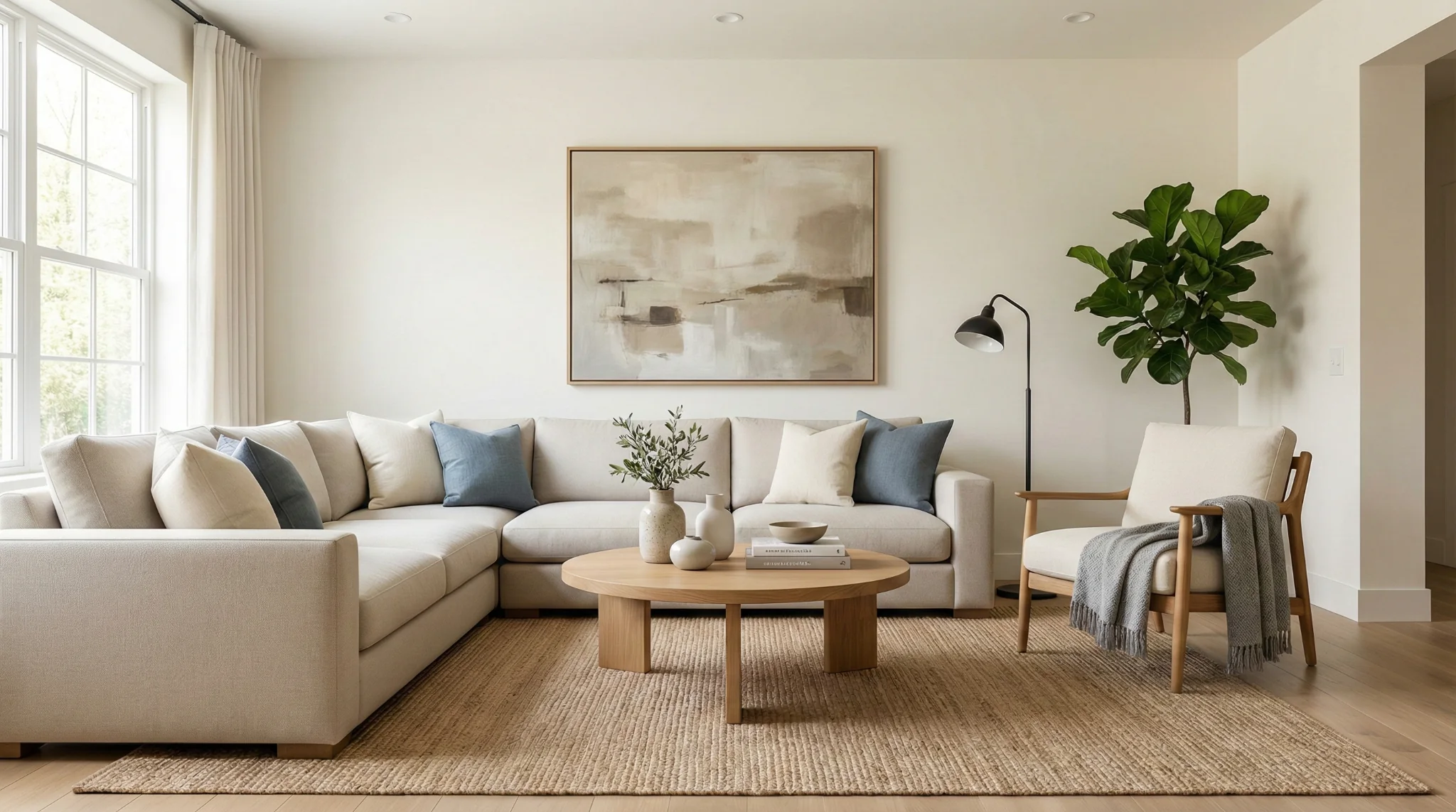 Modern minimalist living room hyperreal CGI render